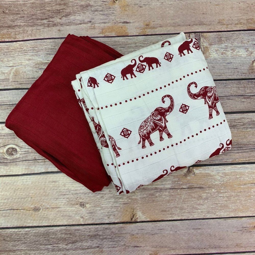 Elephants & Red, 2pk of BAMBOO Muslin Swaddles 50"x50" made from Bamboo, muslin,